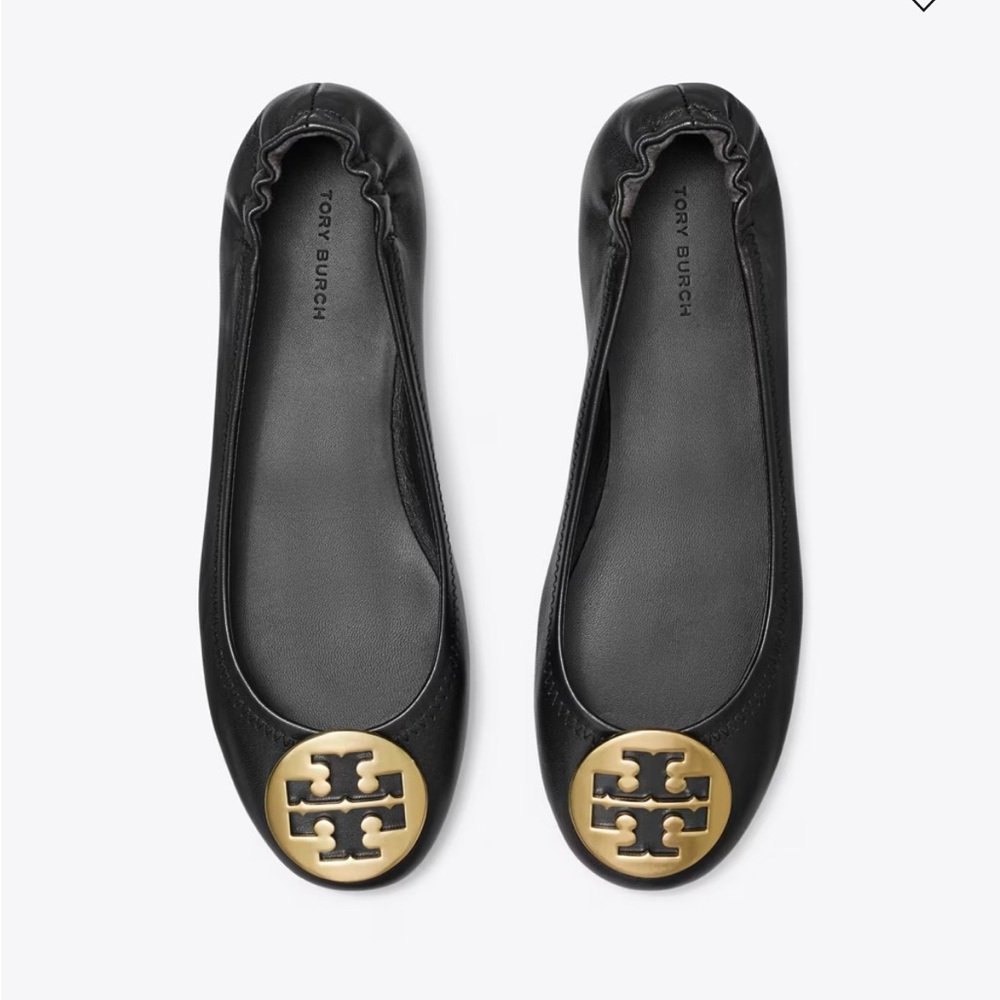 Tory Burch Minnie Travel Ballet Flats in Black with Gold Emblem